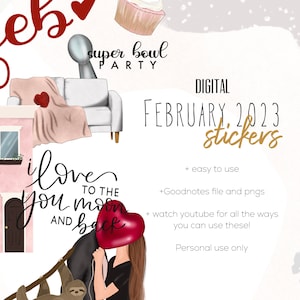 Peut inclure: Autocollants num&eacute;riques de f&eacute;vrier 2023 avec des illustrations d'un canap&eacute;, d'un cupcake et d'un couple avec un ballon en forme de c&oelig;ur. Le texte comprend "I love you to the moon and back" et "Super Bowl Party."