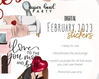 February 2023 digital stickers | valentines goodnotes modern stickers, digital minimalist stickers