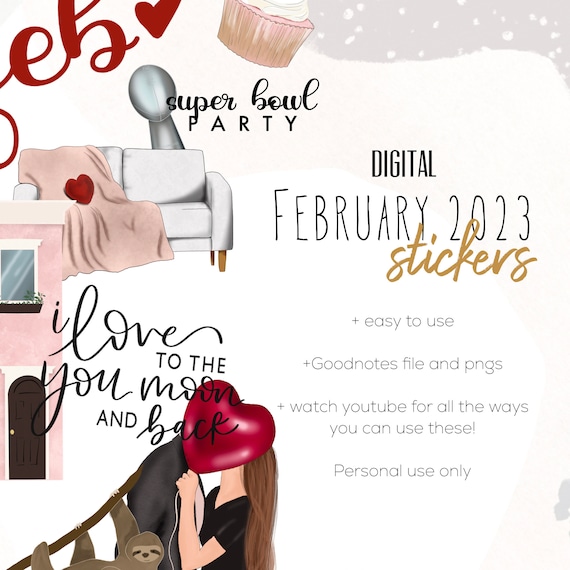 February 2023 digital stickers | valentines goodnotes modern stickers, digital minimalist stickers