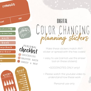 Puede incluir: Pegatinas de planificación digitales que cambian de color para Goodnotes. Las pegatinas están diseñadas para coincidir con cualquier pegatina o diseño con códigos hexadecimales. Las pegatinas son fáciles de usar y solo se pueden usar para uso personal.