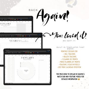 May include: Three black tablets displaying digital planner pages. The top tablet shows a checklist, the middle one a yearly tracker, and the bottom one a health tracker. Text includes "Again! You loved it!" and details on monthly designs for bill tracking and health tracking.