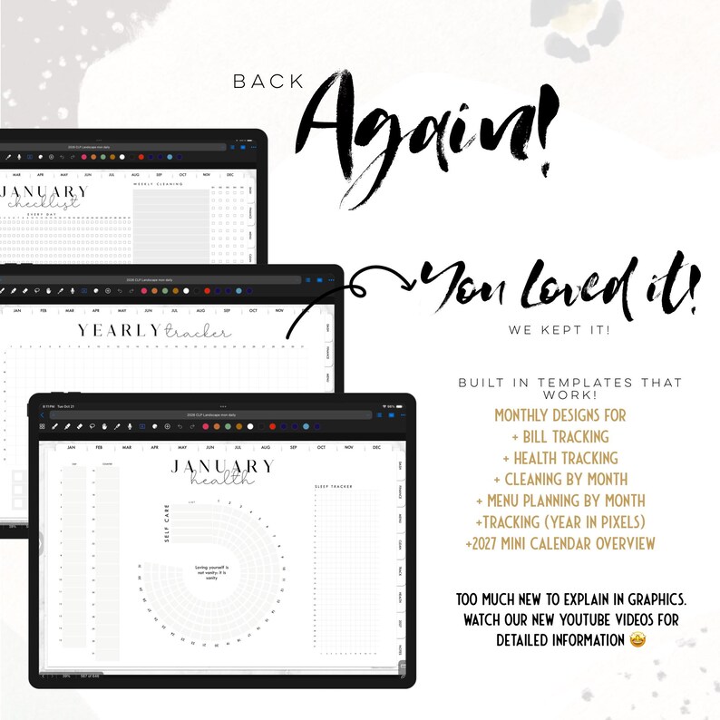 May include: Three black tablets displaying digital planner pages. The top tablet shows a checklist, the middle one a yearly tracker, and the bottom one a health tracker. Text includes "Again! You loved it!" and details on monthly designs for bill tracking and health tracking.