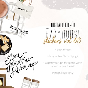 Peut inclure: Autocollants numériques de style farmhouse rustique avec du texte qui dit "You had me at shiplap" et "Farmers market". Les autocollants sont conçus pour être utilisés dans les planificateurs et les carnets numériques.