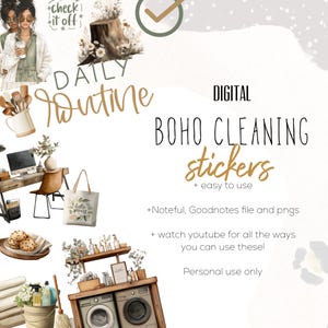 May include: Digital Boho Cleaning Stickers with illustrations of a desk, laundry room, and other cleaning-related items. The text includes "Daily Routine," "check it off," and "hello spring."