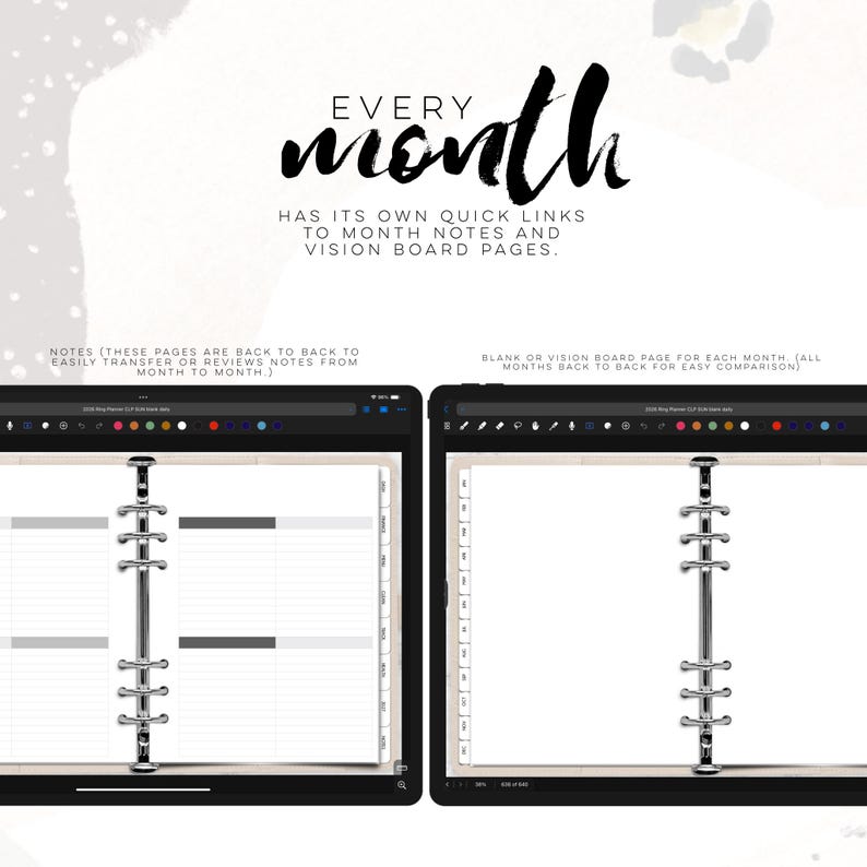 May include: Two digital planner pages side-by-side. The left page has a lined layout with horizontal bars, and the right page is blank. The text "EVERY month" is at the top, with additional text describing the planner's features.