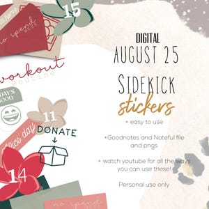 Pode incluir: Autocolantes digitais para planner com o texto "SIDEKICK stickers" e "August 25". A imagem inclui elementos florais e geométricos em tons de vermelho, verde e bege. O texto adicional inclui "easy to use" e "Personal use only".