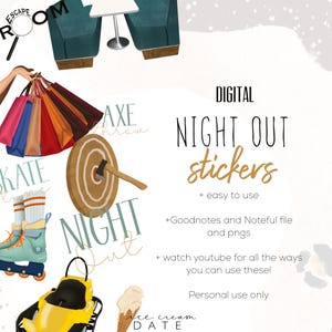 May include: Digital "Night Out" stickers with illustrations of shopping bags, an axe throwing target, roller skates, and other night-out activities. The text includes "Escape Room", "Night Out", and "Ice Cream Date".