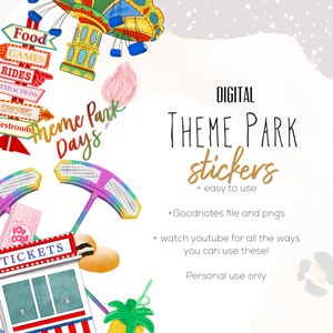 Könnte beinhalten: Digitale Sticker für Goodnotes mit einer farbenfrohen Illustration eines Vergnügungsparks mit Fahrgeschäften, Essen, Spielen und Tickets. Der Text "Theme Park Days" ist im Bild enthalten.