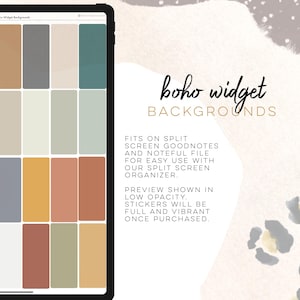 May include: A digital tablet displays a grid of color swatches in neutral tones, labeled "boho widget backgrounds." The text describes compatibility with Goodnotes and Noteful files for screen organization, with vibrant stickers upon purchase.