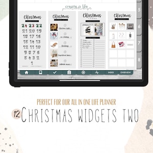May include: A digital planner page with 12 Christmas themed widgets. The widgets include a countdown, bucket list, inspiration, and wish list. The page is titled "12 Christmas Widgets Two".