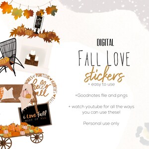 May include: Digital stickers with a fall theme. The stickers feature pumpkins, leaves, a wagon, a fireplace, and a sign that says "I love fall most of all".