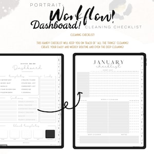Puede incluir: Una interfaz de planificador digital que muestra un panel de flujo de trabajo y una lista de verificaci&oacute;n de limpieza. El dise&ntilde;o incluye secciones para plantillas, rastreadores de limpieza diarios y semanales y notas de limpieza profunda.