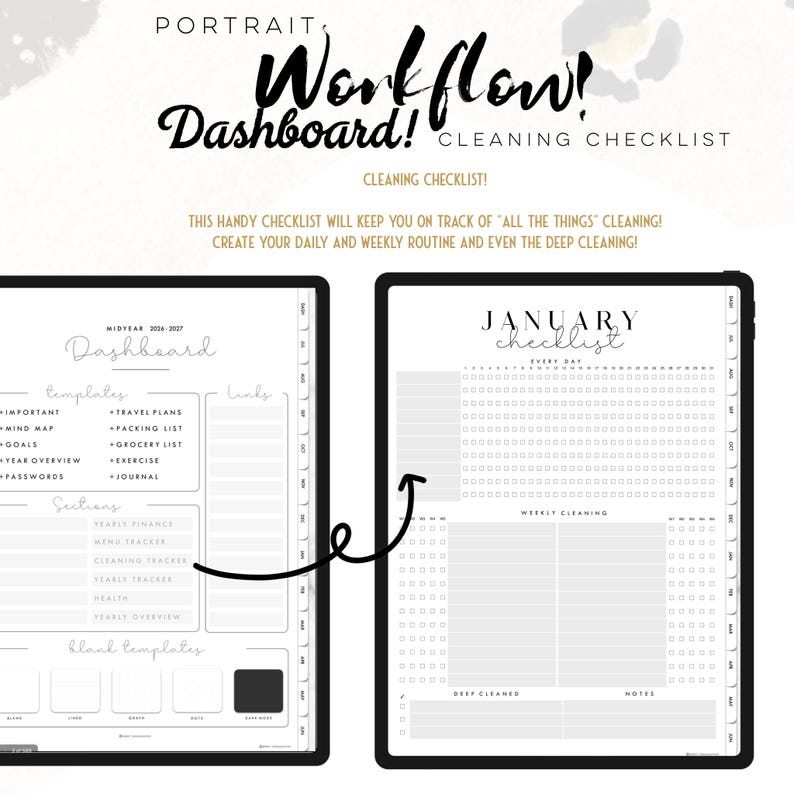 Puede incluir: Una interfaz de planificador digital que muestra un panel de flujo de trabajo y una lista de verificaci&oacute;n de limpieza. El dise&ntilde;o incluye secciones para plantillas, rastreadores de limpieza diarios y semanales y notas de limpieza profunda.