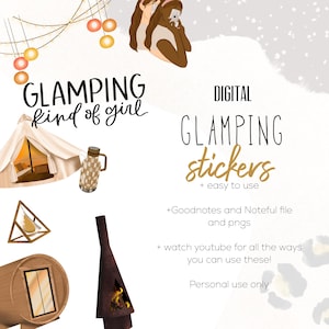 May include: Digital glamping stickers with illustrations of a tent, a thermos, a fire pit, and other camping-themed items. The text reads "GLAMPING kind of girl" and "DIGITAL GLAMPING stickers + easy to use."