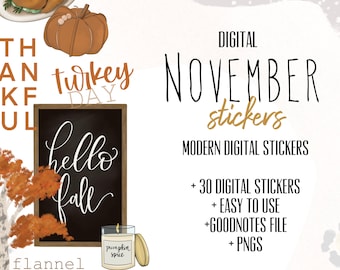 Pode incluir: Adesivos digitais para novembro com um quadro-negro com o texto "hello fall", uma abóbora, um peru, uma vela com o texto "pumpkin spice" e o texto "flannel boots + bonfires".