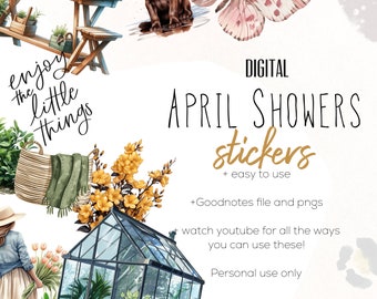 April Douche Digitale Stickers Stickers, Digitale planning, Schattige bloemen en vlinders voor digitale planning, Digitale plakboekstickers