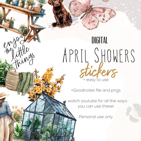 April Shower Digital Stickers Stickers, Digital planning, Cute Flowers and Butterflies for Digital Planning, Digital Scrapbook Stickers