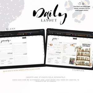 May include: Two digital tablet screens displaying a daily layout planner. The left screen shows a blank January template, while the right shows a June example with checklists and a bookshelf graphic. Text includes "Daily Layout" and "Inserts and Stickers Sold Separately."