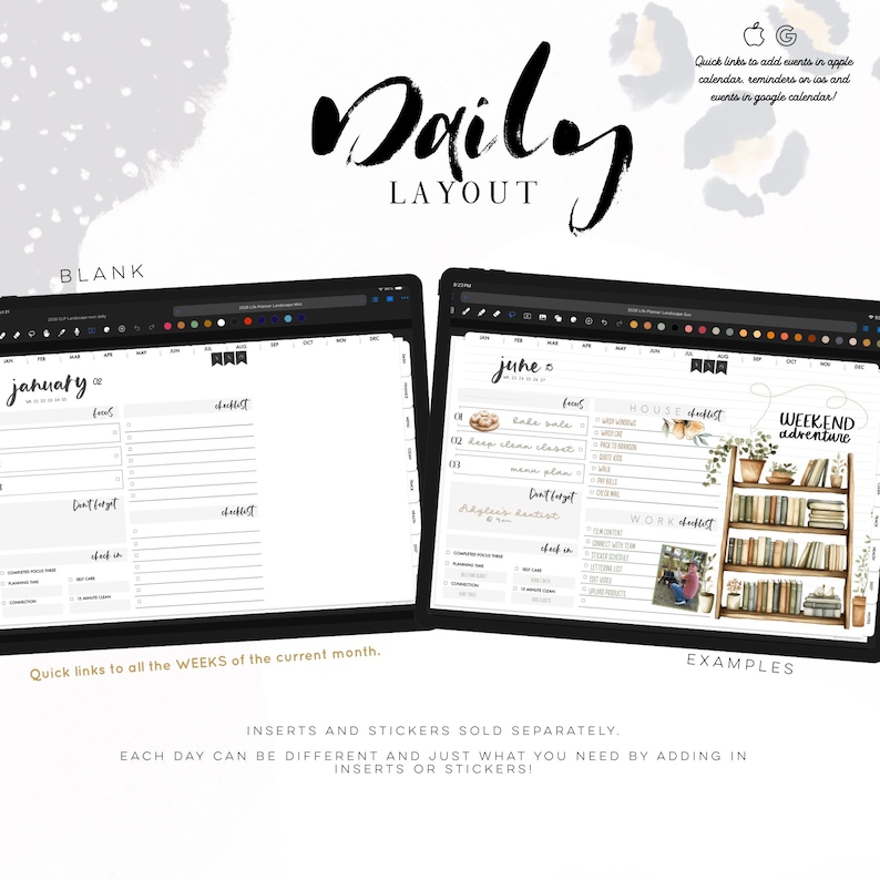 May include: Two digital tablet screens displaying a daily layout planner. The left screen shows a blank January template, while the right shows a June example with checklists and a bookshelf graphic. Text includes "Daily Layout" and "Inserts and Stickers Sold Separately."