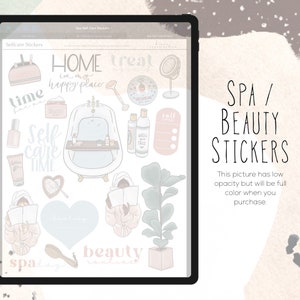 May include: A set of digital stickers featuring illustrations of self-care activities, including a bathtub, a woman reading a book, a plant, and a hand-drawn heart. The stickers are designed in a light pink and blue color scheme with the text "SPA/BEAUTY STICKERS" in black.