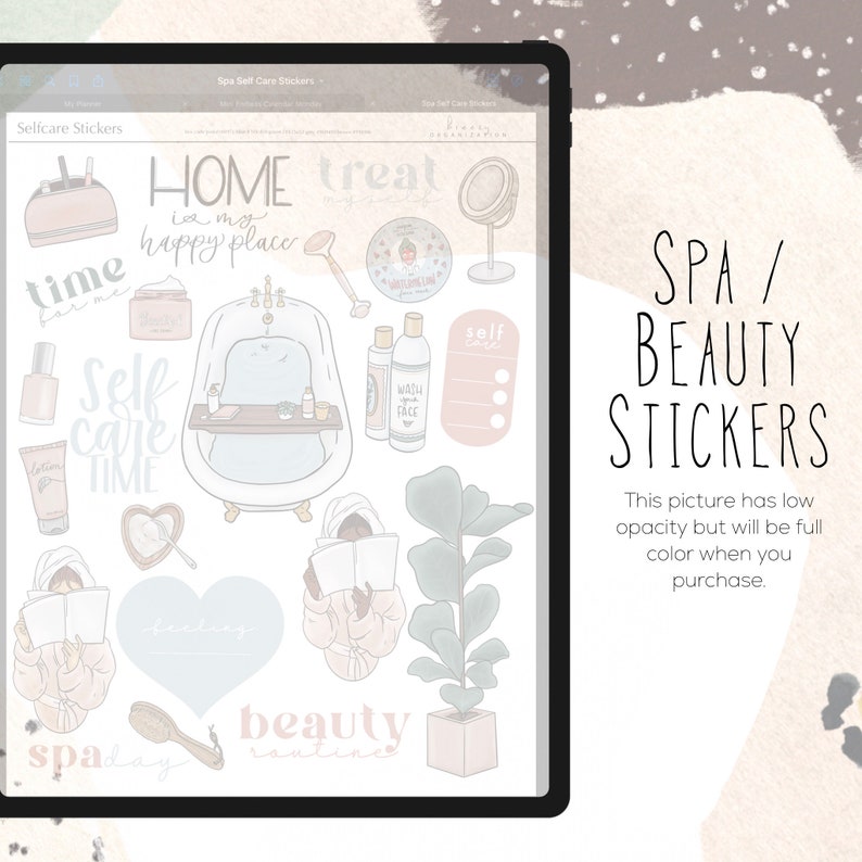 May include: A set of digital stickers featuring illustrations of self-care activities, including a bathtub, a woman reading a book, a plant, and a hand-drawn heart. The stickers are designed in a light pink and blue color scheme with the text "SPA/BEAUTY STICKERS" in black.