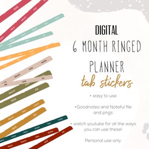 Colored Tab Stickers for  2025 6 month ringed planner | Goodnotes and Noteful file, pngs,  Tab stickers | Month tab digital stickers