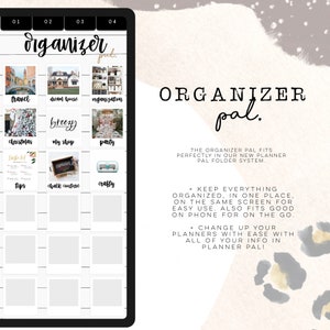 May include: A digital planner interface with the text "Organizer pal." The interface includes sections for travel, dream house, organization, Christmas, my shop, party, tips, chalk couture, and crafty. The design is minimalist with a neutral color palette.