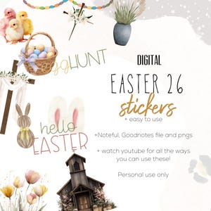 Peut inclure: Ensemble d'autocollants numériques de Pâques avec diverses illustrations. Comprend un panier d'œufs, des poussins, une croix, des oreilles de lapin, une église et les textes "Egg Hunt" et "Hello Easter". Le texte "EASTER 26 stickers" est également visible.