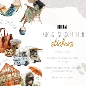 May include: Digital August subscription stickers featuring illustrations of a woman reading, a food truck, a hedgehog, and other elements. Text includes "easy to use" and "Personal use only."