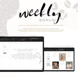 May include: Digital planner layout with the word "weekly" in a bold, handwritten font. The image shows a blank weekly planner page and a filled-in example, with text that reads "Use these grid boxes to plan your week."