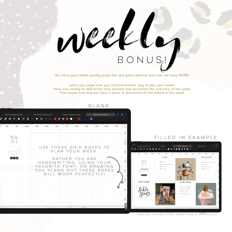 May include: Digital planner layout with the word "weekly" in a bold, handwritten font. The image shows a blank weekly planner page and a filled-in example, with text that reads "Use these grid boxes to plan your week."