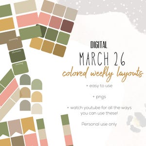 以下が含まれることがあります： ニュートラルなカラーパレットのデジタルプランナーレイアウト。デザインには、「午前」、「午後」、「夕方」などのさまざまな形とラベルが含まれています。テキストは「DIGITAL MARCH 26 colored weekly layouts + easy to use + pngs」と表示されています。個人使用のみです。