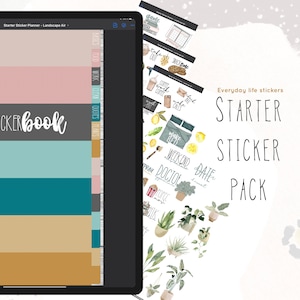 May include: A digital planner on a tablet with a variety of colorful tabs and sticker sheets. The sticker sheets feature illustrations of everyday items and phrases like "make bed," "weekend," and "coffee." The text "Starter Sticker Pack" is also visible.