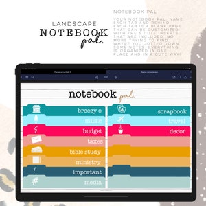 May include: A digital planner page with colorful tabs labeled with categories like "breezy o", "music", "budget", "taxes", "bible study", "ministry", "important", "media", "scrapbook", "travel", and "decor". The page is designed for organizing notes and ideas.
