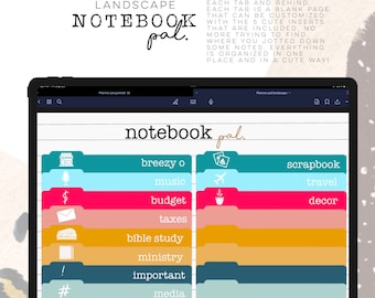 May include: A digital planner page with colorful tabs labeled with categories like "breezy o", "music", "budget", "taxes", "bible study", "ministry", "important", "media", "scrapbook", "travel", and "decor". The page is designed for organizing notes and ideas.