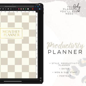 Puede incluir: Un planificador digital en una tableta, con un diseño a cuadros beige y blanco. El planificador tiene texto dorado que dice "MONTHLY PLANNER". El texto adicional incluye "Productivity PLANNER" y "The Only Planner You'll Ever Need."