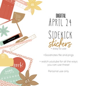 Può includere: Sticker digitali per l'app Goodnotes con uno schema di colori pesca, verde e marrone. Gli adesivi includono un calendario, un tracker delle abitudini, lavoro, energia, i miei amici e un carrello della spesa. Il testo "DIGITAL APRIL 24 SIDEKICK stickers + easy to use" è nell'immagine.