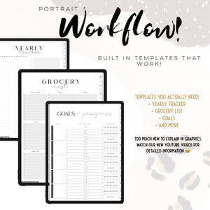 Puede incluir: Tres pantallas de tableta digital que muestran plantillas de productividad con texto negro sobre fondo blanco. Las pantallas muestran un Yearly Tracker, una Grocery List y una p&aacute;gina de Goals + Progress. El texto incluye PORTRAIT Workflow, BUILT IN TEMPLATES THAT WORK, TEMPLATES YOU ACTUALLY NEED e instrucciones para ver videos de YouTube.