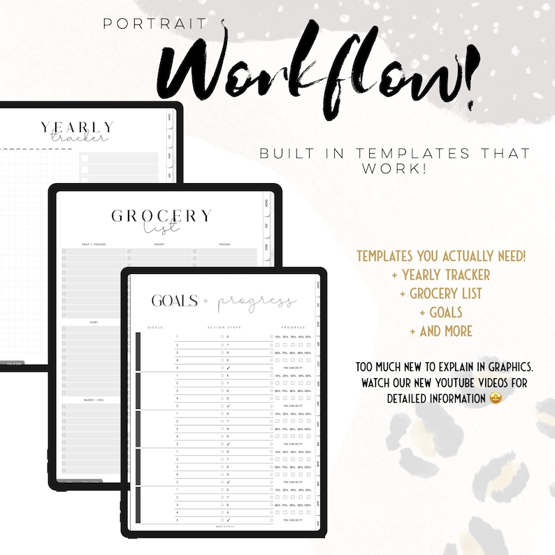 Puede incluir: Tres pantallas de tableta digital que muestran plantillas de productividad con texto negro sobre fondo blanco. Las pantallas muestran un Yearly Tracker, una Grocery List y una p&aacute;gina de Goals + Progress. El texto incluye PORTRAIT Workflow, BUILT IN TEMPLATES THAT WORK, TEMPLATES YOU ACTUALLY NEED e instrucciones para ver videos de YouTube.