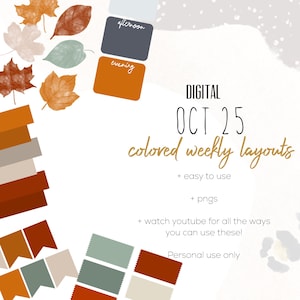 Op de afbeelding: Digitaal wekelijks lay-outontwerp met herfstthema-elementen. Het ontwerp bevat aquarelbladeren in tinten oranje, bruin en groen, samen met kleurstalen en de tekst "OCT 25 colored weekly layouts".