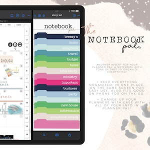 Puede incluir: Una aplicación de planificación digital en la pantalla de una tableta con las palabras "notebook pal" y una lista de categorías para notas, que incluyen "breezy o", "music", "scrapbook", "travel", "budget", "taxes", "bible study", "ministry", "important", "business", "party", "notes", "new house", "information" y "scrapbook details".