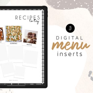 May include: A digital menu planner with three recipe ideas: zucchini bowls, snickers cake, and a blank space for a third recipe. The planner has a black and white design with a gray background and the text "RECIPES to try" at the top.