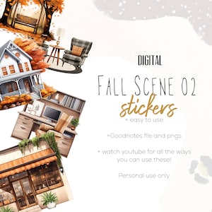 May include: Digital stickers featuring illustrations of fall scenes, including a house, a desk with a computer, and a storefront. The stickers are labeled "FALL SCENE 02 stickers" and are described as "easy to use".