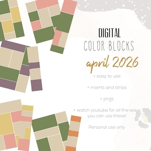 May include: Digital color blocks graphic with text reading "DIGITAL COLOR BLOCKS april 2026". The image includes colorful geometric shapes in shades of green, pink, and beige. Additional text includes "easy to use", "inserts and strips", and "pngs".