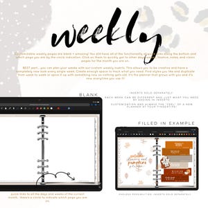 May include: Digital planner with the word "weekly" in large black script. The image shows a blank planner page and a filled-in example with autumn-themed inserts. The text highlights customisation and weekly inserts.