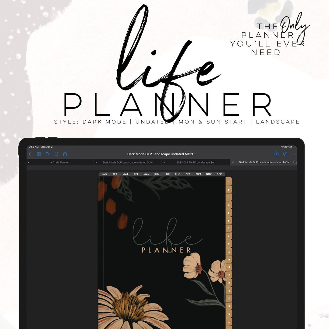 UNDATED Life Planner DARK MODE Landscape | Digital Life Planner Easy ...