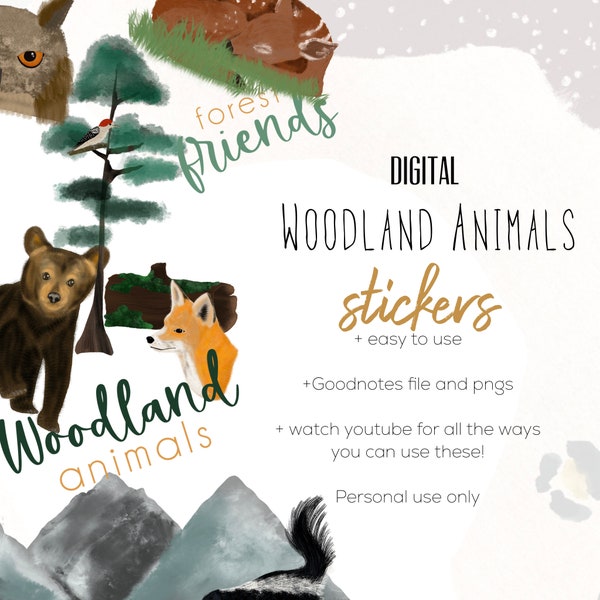 Woodland Animal digital Stickers for Animal Lovers, Forest animals digital stickers,  Digital planning stickers for great outdoor lovers