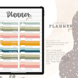 Könnte beinhalten: Eine digitale Planer-Vorlage auf einem Tablet-Bildschirm mit dem Text "Planner pal" in handschriftlicher Schrift. Die Vorlage ist in Abschnitte für verschiedene Kategorien unterteilt, wie z. B. "Notizbuch", "Rezepte", "Reisen", "Bibelstudium", "Dienst", "Finanzen", "Geschäft", "Party", "Abenteuer", "Essen-Rezension", "Bücher", "Scrapbook" und "Kleiderschrank".