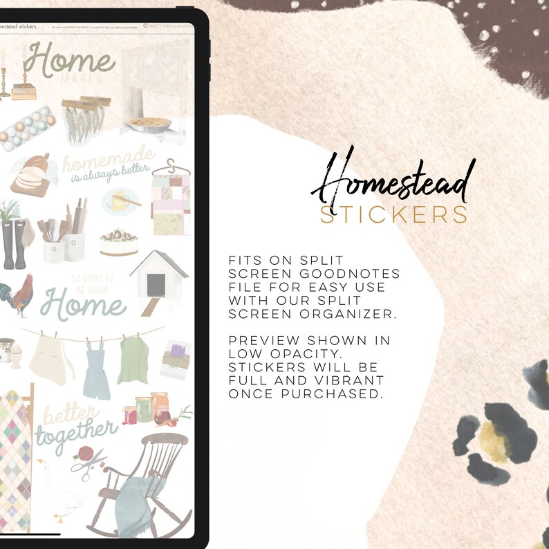 Puede incluir: Un conjunto de pegatinas digitales para planificadores con un estilo de acuarela que presenta im&aacute;genes de un gallo, una casa, un pastel, una mecedora y otras ilustraciones con tem&aacute;tica de granja. El texto "Homestead Stickers" est&aacute; escrito en una fuente cursiva. El texto "Fits on split screen Goodnotes file for easy use with our split screen organizer. Preview shown in low opacity. Stickers will be full and vibrant once purchased." tambi&eacute;n est&aacute; incluido.