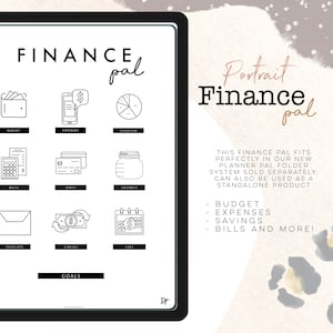 May include: A black and white printable planner page with the title "Finance pal" and icons for budget, expenses, overview, bills, debts, savings, envelope, sinking, and subs. The text "This Finance Pal fits perfectly in our new Planner Pal folder system sold separately. Can also be used as a standalone product" is on the right side of the page. The text "Budget, Expenses, Savings, Bills and More!" is below the text.